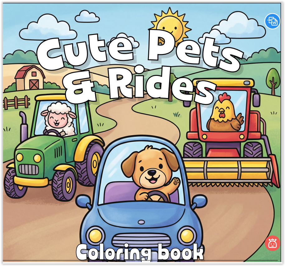 Cover of Cute Pets & Rides: Coloring Book, 50 Super Cute Designs, Relaxing Fun For All Ages (TickleTails Collection)