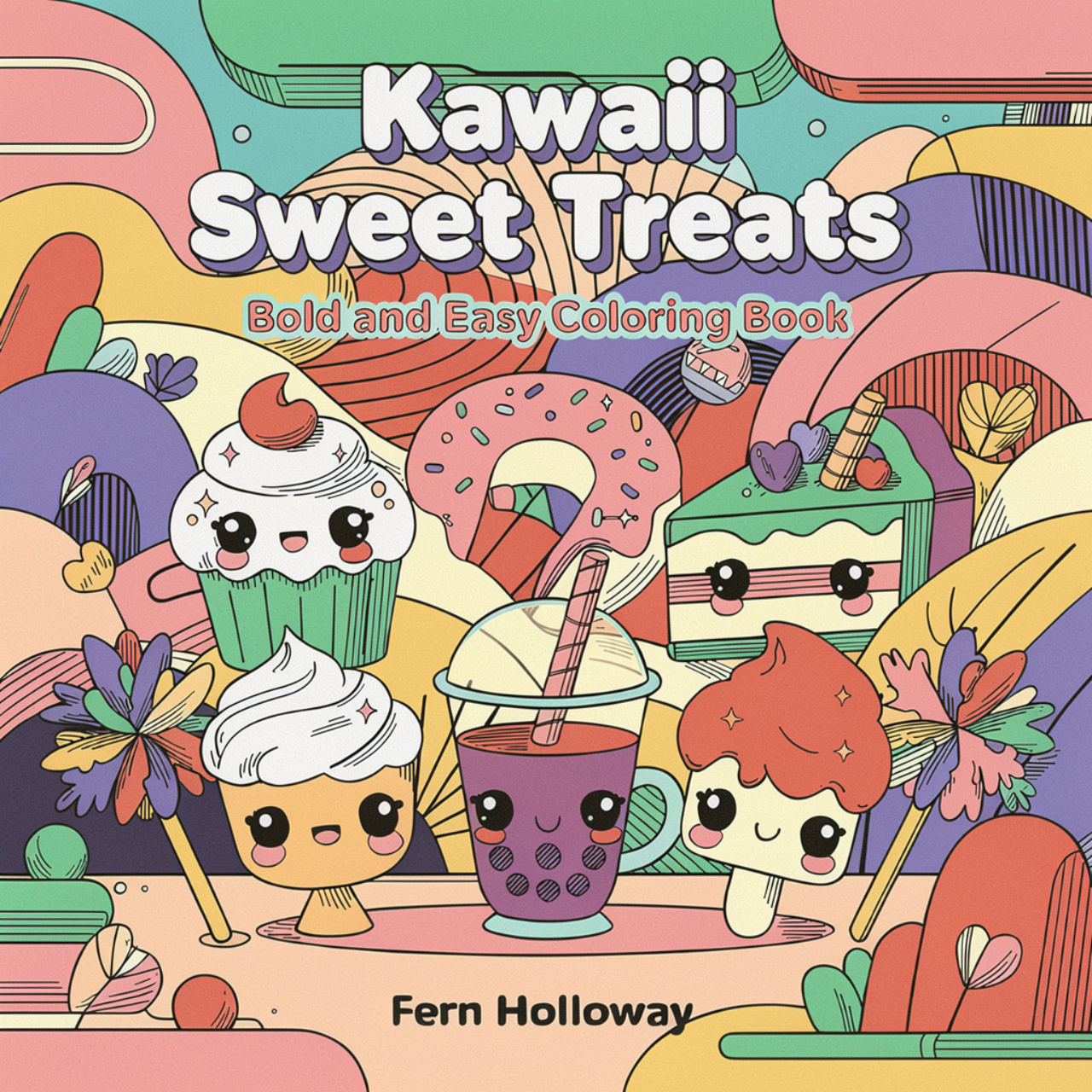 Cover of Kawaii Sweet Treats Coloring Book: Bold and Easy Cute Desserts for Kids, Teens and Adults: 40 Adorable Coloring Pages Featuring Cupcakes, Donuts, Ice Cream, Boba Tea, Macarons and More — Simple Big Designs for Stress Relief and Relaxation